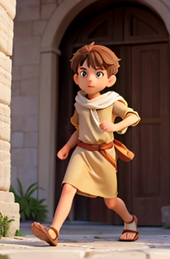 Um jovem judeu masculino simples, Dress with a light brown tunic tied around the waist, the head covered with a cloak, com sandalias nos pes, correndo assustado pelas ruas de jerusalem