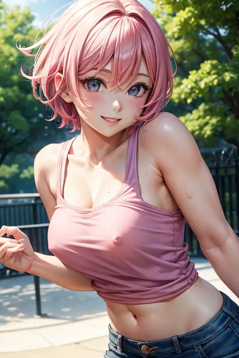 girl with short pink hair, wearing a white tanktop, nipples behind strapless tanktop, beautiful anime face, in the park, cheesing