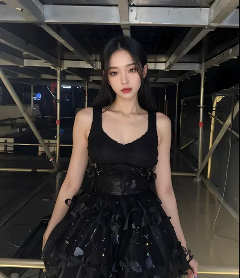 arafed woman in a black dress standing on a metal platform, blackpink jennie, jossi of blackpink, she is wearing a black dress, heonhwa choe, roseanne park of blackpink, gongbi, portrait of jossi of blackpink, jisoo of blackpink, seseon yoon, kimi takemura...