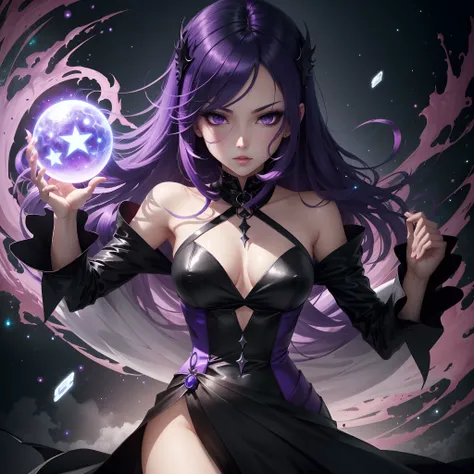 a cartoon image of a woman in a black dress with purple hair, arcane art style, painted in the style arcane, astral witch clothes, portrait anime space cadet girl, dark aura, gothic maiden anime girl, dark witch character, unknown artstyle, anime stylized,...