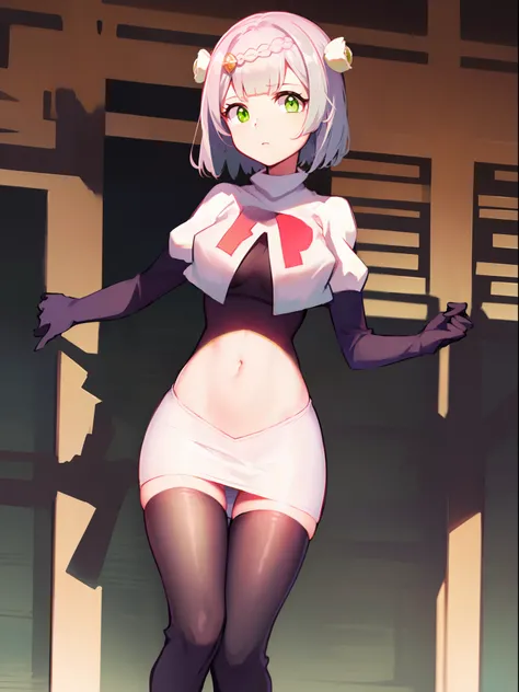 genshinnoelle, noelle, braid, flower, hair flower, hair ornament, short hair, silver hair, (green eyes:1.5),team rocket,team rocket uniform,white skirt,crop top,black thigh-high boots,black elbow gloves,