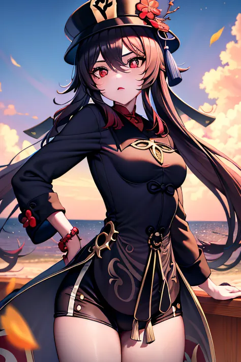 2d, masterpiece， best qualtiy， anime big breast， highly detailed eye， Highly detailed face， highly detailed back ground， perfect litthing， cowboy lens， 1girll， 独奏， standing on your feet， beachside，small boob，hu tao（genshin impact）， pupils in symbol shapes，...