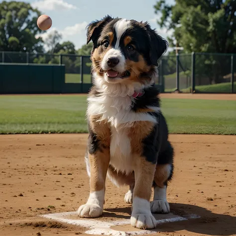 Australian shepherd puppy playing baseball, impressionistic, best quality