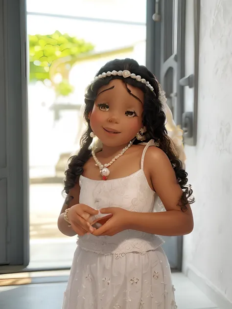 Capa de filme estilo Disney, menina pele clara, cabelos longos e encaracolados, vestido branco, Pearl tiara on her head and flowers on her hands, At the door of your palace