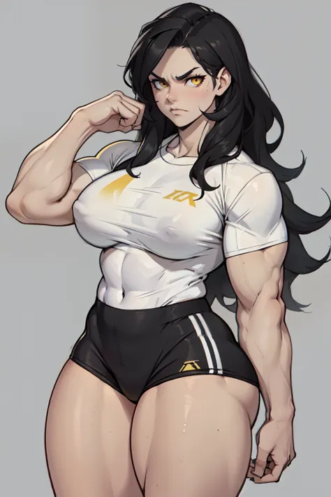 ((1girl)) pale skin large breasts (muscular)) toned body thick thighs black hair yellow eyes (long hair grey background) bodybuilder angry tight shirt