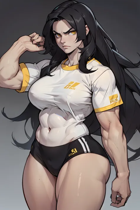 ((1girl)) pale skin large breasts (muscular)) toned body thick thighs black hair yellow eyes (long hair grey background) bodybuilder angry tight shirt