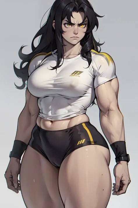 ((1girl)) pale skin large breasts (muscular) toned body thick thighs black hair yellow eyes (long hair grey background) bodybuilder angry tight shirt