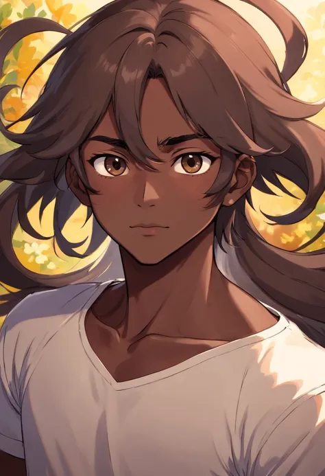 ((Beautiful man:1)) , ((Dark skin:1.5)) , ((long hair)) , ((brown hair)) , ((male:1.4)) , full lips , light silver eyes , voluminous hair,((has tiger ears:1)), ((Skinny build)) ,effeminate , ((has a center part in hair:1)), full long eyelashes,((straight h...