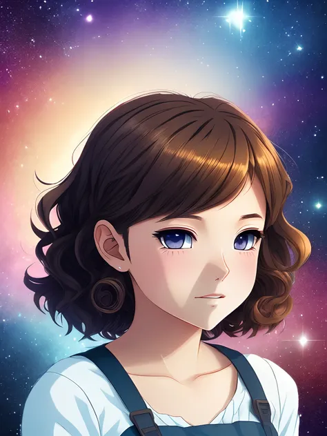 Anime style girl with curly brown hair, button nose, hazel eyes, long eyelashes, fair skin