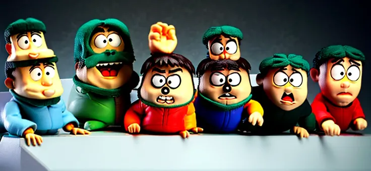 cartoon characters are standing in a room with a microphone, in style of south park, south park, south park style, Creepy Monster, Old Man, 3D Cartoonist