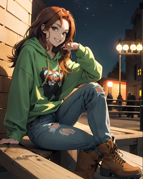 A realistic girl with voluminous auburn hair, A green hoodie, ripped jeans, And brown fuzzy boots, She likes the skater punk style, and has a bright, beautiful smile, she has slightly tan skin. The setting is at night at a park