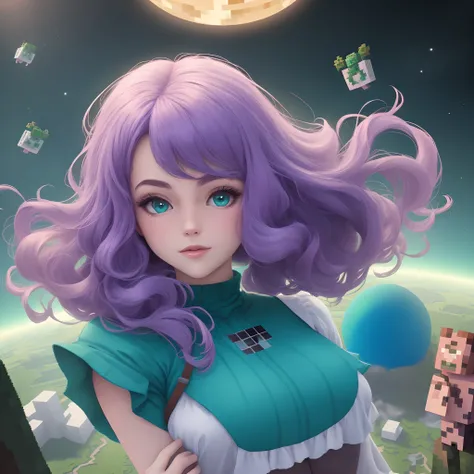 Personaje de minecraft de color de cabello violeta flotando en el espacio