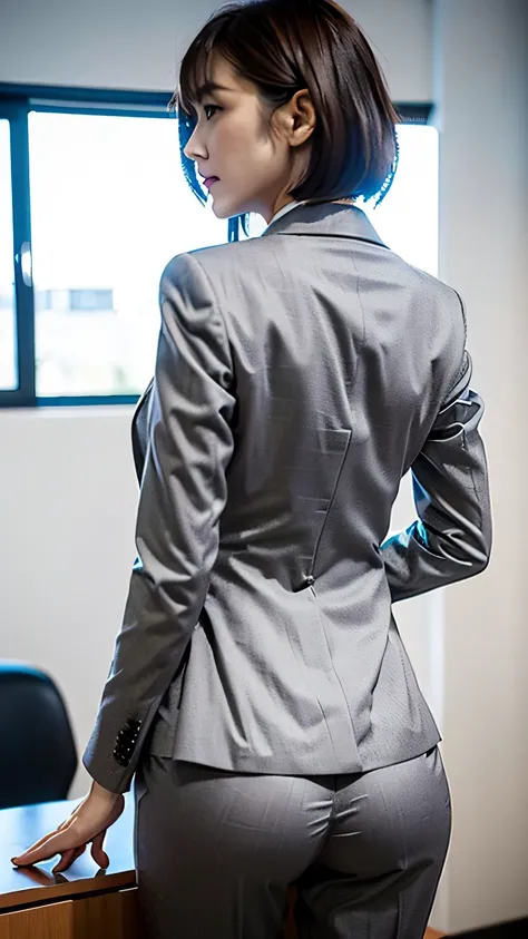 (Best quality, 8k, 32k, Masterpiece, UHD:1.2), 1girl, beautiy Japanese woman, narrow waist, grey suit, open jacket, office lady, suit, pants, from behind, office room, desk,  (stick out ones buttocks:1.2), detailed face, short hair, looking at viewer