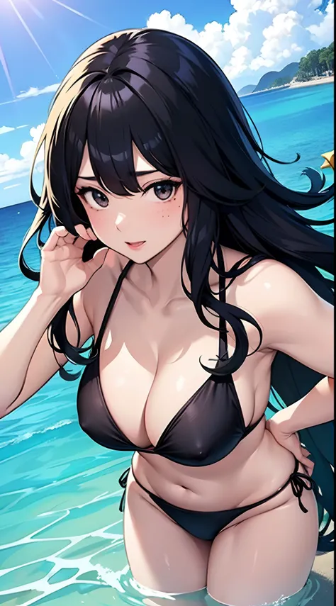 sea side　maikurobikini　Colossal tits　Black Long Hair　hitornfreckles　sexy  pose　NSFW