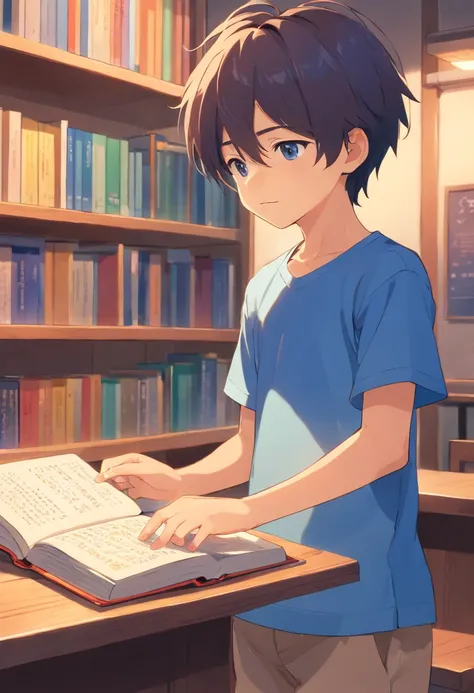 Cute little boy in a short-sleeved blue shirt shows a book explained