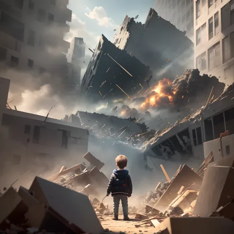 A child holding a toy in his hand in the midst of destruction