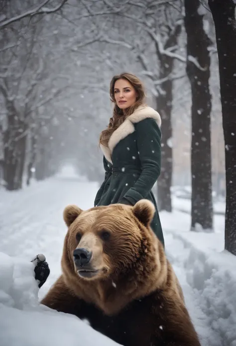 full body, ((Russian winter, bears on the street, a beautiful woman in a fur coat riding a bear, kremlin, snow falls, moscow river, ice, blizzard, old Slavic style,traditional Russian style, russian folklore)), ((glow)) hyper-detail, hyper-realism, clear f...