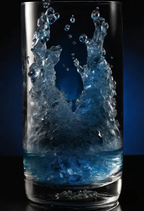 ambr1,extremely detailed high contrast, (very tall:1.7) glass of water with tidal waves and crystals, extreme closeup, deep blue tiny lights, solid black background,