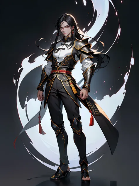 (High resolution, Pixels are perfect, luxurious illustration), (hyper quality, masutepiece, Ethereal: 1.4),(Solo:1.4), ((((Full body)))),((((Medium Long Shot)))), ((ambiguous gender)), 年轻, length hair, Detailed black hair, Black eyes, (((chinese armor))), ...