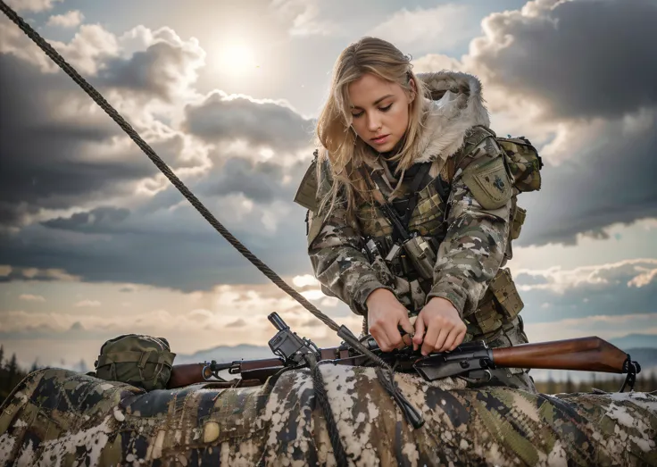 Very beautiful female soldier, British characteristics, white skin, wet skin, blue eyes, long wet blonde hair, camouflage military uniform, bulletproof vest, Belt with ammunition, Her arms are exposed, She is tying ropes, hands with leather gloves, She is ...