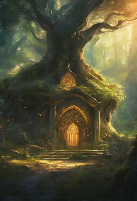 （Enchanted Magical Libray, in the middle of the forest，Large beautiful Library, with huge golden glowing doors, Magical creatures，（glowing mushrooms），sparkling waterfalls，fantasy，Leonora Carrington，a fantasy forest，Hazy perspective，sunlight filtering throu...