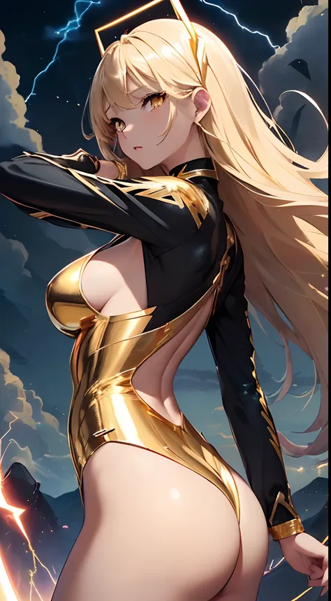 top-quality、Top image quality、​masterpiece、girl with((18year old、Best Bust、big bast、Bust 85,beautiful golden eyes、Breasts wide open,Blonde long hair、A slender、Large valleys、Gold Bodysuit,Reflecting the whole body、Open your arms、Gold ring on wrist、Shoot lig...