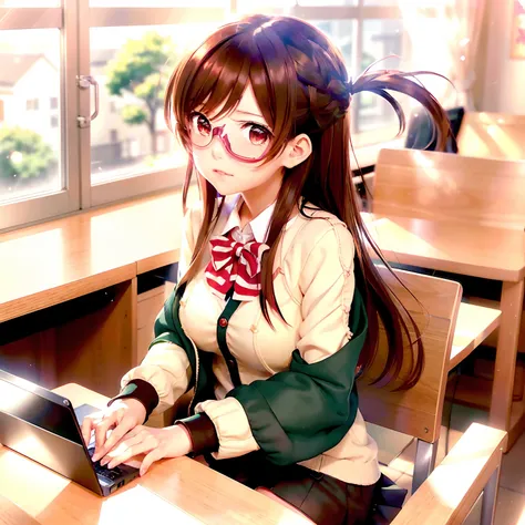 Anime girl sitting at desk with book and laptop, beautiful anime high school girl, Anime visuals of cute girls, anime moe art style, Cute anime girl, Anime Best Girl, young anime girl, Smooth Anime CG Art, charming anime girls, Kantai Collection Style, an ...