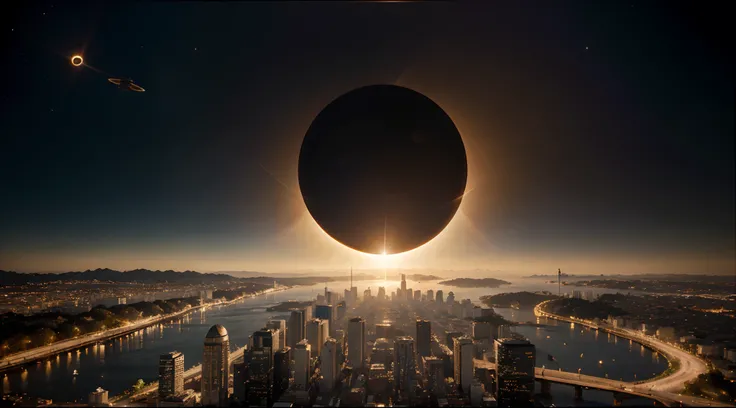 Imagine se houver uma cidade em Saturno. Aneis de saturno causando um eclipse. Cidade da Tecnologia, cotidiano, golden hour, Foguetes, drone, Fotografia, cinema, Reflexo da lente, dramatico.