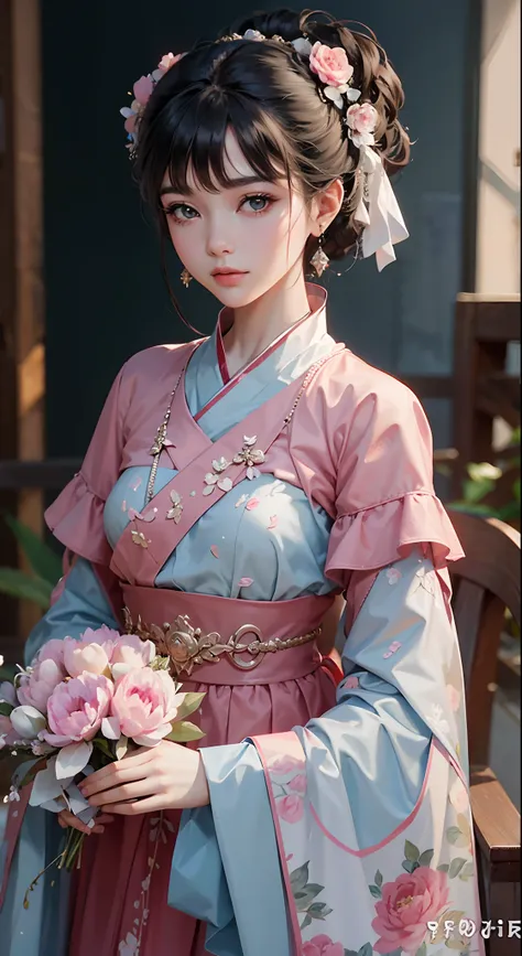 ｛tmasterpiece｝，｛Beauty in period costume｝，（Splash ink），National style，（Beautiful girl like a peony，long eyelasher），（（Black color hair：1.01，Curvy body：1.02））（Noble temperament，Peony pattern with black jewel-like eyes），（Phnom Penh Hanfu with white lotus moti...