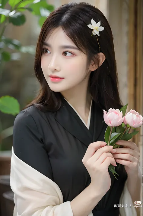 ｛tmasterpiece｝，｛Beauty in period costume｝，（Splash ink），National style，（Beautiful girl like a peony，long eyelasher），（（Black color hair：1.01，Curvy body：1.02））（Noble temperament，Peony pattern with black jewel-like eyes），（Phnom Penh Hanfu with white lotus moti...