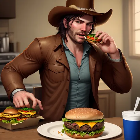 John Marston from the game red dead redemption eating a burger