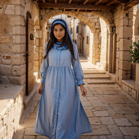 young peasant woman named maria wearing tunic in israel with long dress and covering her hair