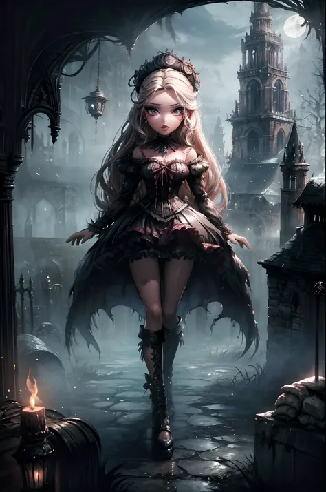 ((BRATZ DOLL)) 1girl, beautiful girl, full body, Bloodborne background, ((location: Yharnam)), cinematic style, cinematic lighting, dark lighting, foggy weather, full moon, giant moon, perfect anatomy, perfect physics.