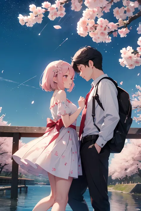 Cherry blossom trees are in full bloom on both sides of the river，Cherry blossoms fly in the sky,The boy looked at the girl， We know that our love is the best, Because we are in each others arms, When stars come out to play.