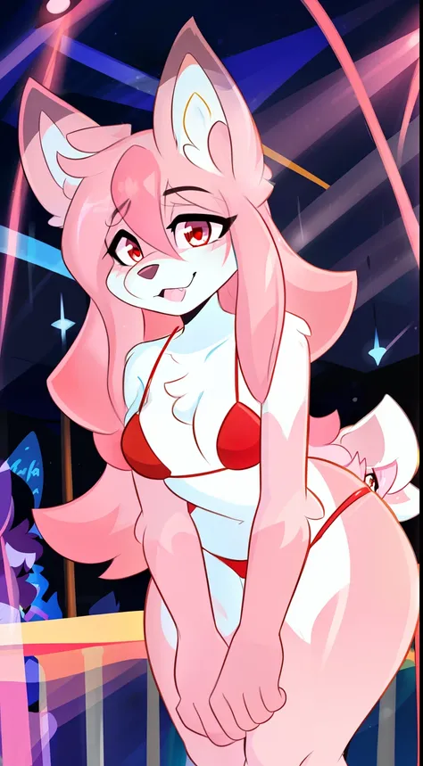 (by Kilinah, by Coffeesoda, by Hioshiru, by Kilinah), Furry, Nazuna_hiwatashi, Anthro, Female, Solo, Nightclub, Full Body, Mocking Look, Party, Red Bikini, bent over, Pink Hair, Pink Tail, medium breast, hips, looking at the viewer, red eyes