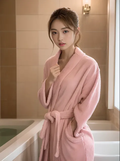 ((Best Quality, 8K, masutepiece: 1.3)), one girls, Slim Abs Beauty: 1.3, (casual hairstyle, Small breasts: 1.2),  Super fine face, Delicate eyes, Double eyelids, bath room、Wearing a pink bathrobe、Light brown highlight hair、Oily Hair