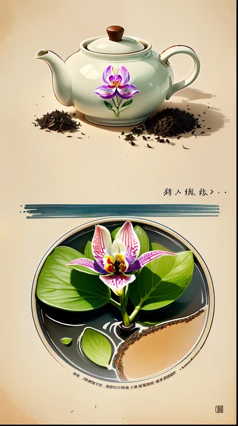 Contains tea leaves、an orchid flower、Tea picking is cool、Chashan，Draw a line drawing of an illustration of the introduction