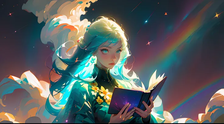 (best quality, masterpiece), 1girl, reading a book, particle, wind, flower, upper body, simple background, looking at viewer, rainbow colored hair, teal short floating dress, cosmic, nebulas, galaxy