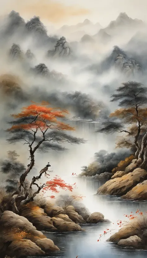 In Chinese landscape painting、Use ink and watercolor styles、We produce on the screen by incorporating ink、Depict detailed landscapes from a distance to an ultra-wide perspective.。A light boat floats in the distance、Tarnished that meticulous detail、Beautifu...