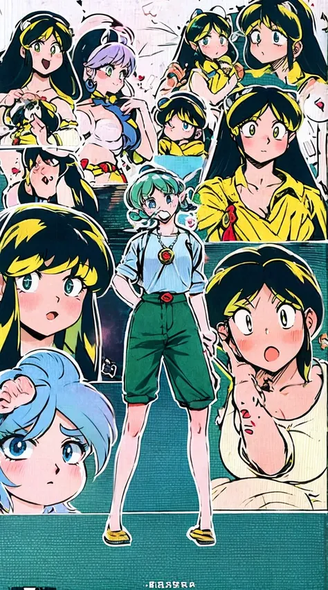 lum, , , urusei yatsura, cloak, pants, pullover, lance holding, weapon holding, standing, sharpteeth, rpg city background, refsheet