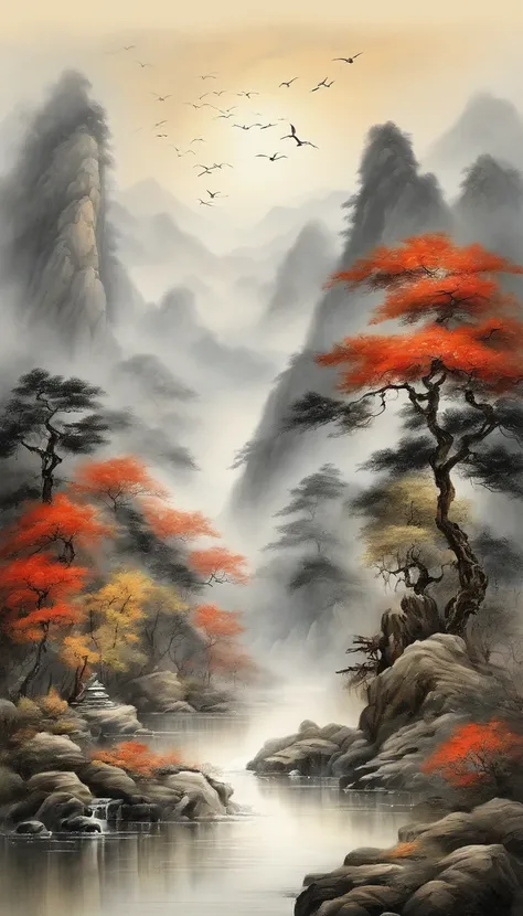 In Chinese landscape painting、Use ink and watercolor styles、We produce it by adding ink to the screen、Depicts detailed landscapes from a distance to an ultra-wide angle.。A light boat floats in the distance、Meticulous attention to detail is tarnished、Beauti...