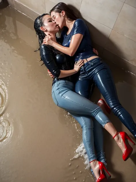 two women showering in skinny jeans and t-shirts and high heeks, ((laying down)), ((hugging)), ((kissing)), ((navy blue skinny jeans)), soaked, wet clothes, dripping wet,  (((show heels))), clean water