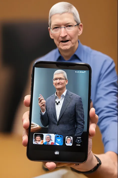 create a photo of apple ceo Tim Cook showing off a new apple product, the product is a hologram device allowing full body FaceTimes in HD color, the product should be called Apple Holo, and should be priced at 5 million dollars