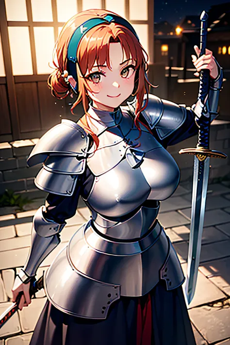 (((Armor and sword of Joan of Arc:1.7))),(((Ancient Western Landscapes:1,7))),(((Armed girl in ancient western style:1.7))),(((Enhance movement with motion blur effects:1.7))),(beautiful a girl),(((Night lighting:1.3))),pleatedskirt,breast slip,Blushing ch...