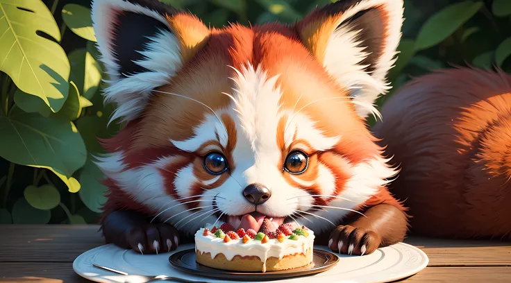 (Best Quality, hight resolution, Ultra-detailed, Realistic:1.37), Red panda holding cake, Cute detailed red panda, fluffy fur, bright colours, charming expression, Detailed eyes and face, Cake with intricate decorations, Lush green garden, dappled sunlight...