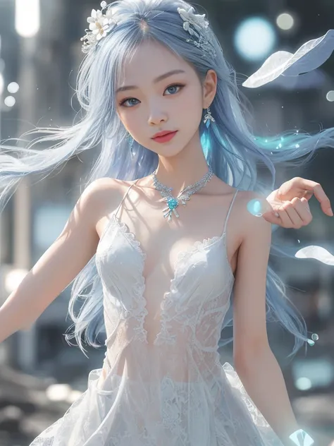 ​masterpiece, top-quality, clear Blue, Platinum Earrings, Platinum Necklace, white dress, 1girl, cute little, (Dynamic lighting:1.2), lighting like a movie, delicated facial features, A detailed eye, Sharp pupils, Realistic pupils, depth of fields, bokeh d...