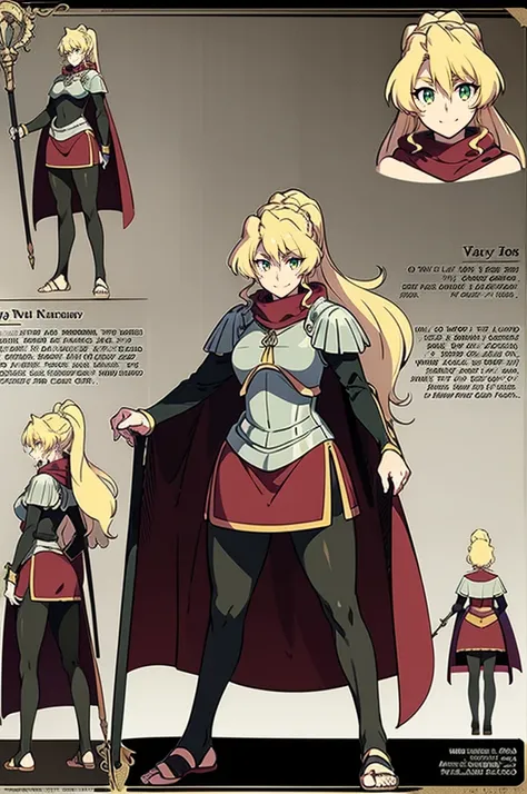 skirt vest, pantyhose, ponytail, long hair, blond hair, knight, medium breast,alicetaria february, green eyes,,smile, staff holding, cape, scarf, thick eyelashes,, castle background,fantasy,,standing, refsheet, solo focus, full body, flipflops