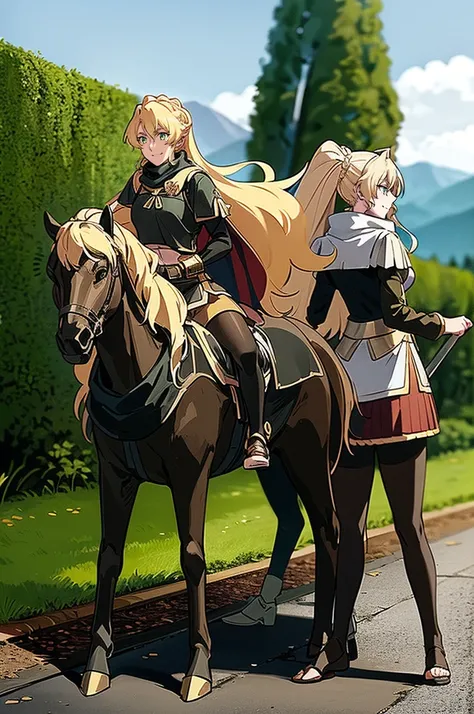 skirt vest, pantyhose, ponytail, long hair, blond hair, knight, medium breast,alicetaria february, green eyes,,smile, staff holding, cape, scarf, thick eyelashes,, castle background,fantasy,,standing, refsheet, solo focus, full body, flipflops, riding hors...