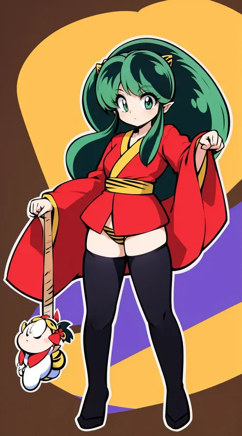 lum, , superhero costume, urusei yatsura, cloak, pants, pullover, kimono,martial pov,, pantyhose