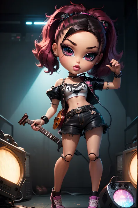 1girl, ((Bratz Doll)), scottpilgrimvstheworld, musician, rocker girl, punk girl, emo girl, pop girl, cinematic lighting, cinematic style, perfect anatomy, perfect physics.